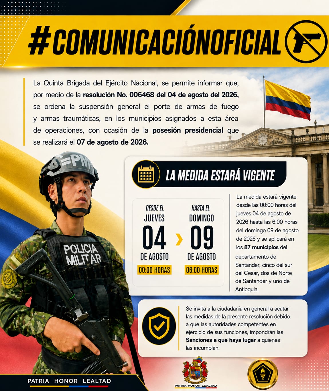 Quinta Brigada suspende el porte de armas en su área de operaciones con ocasión de la posesión presidencial que se realizará el 07 de agosto