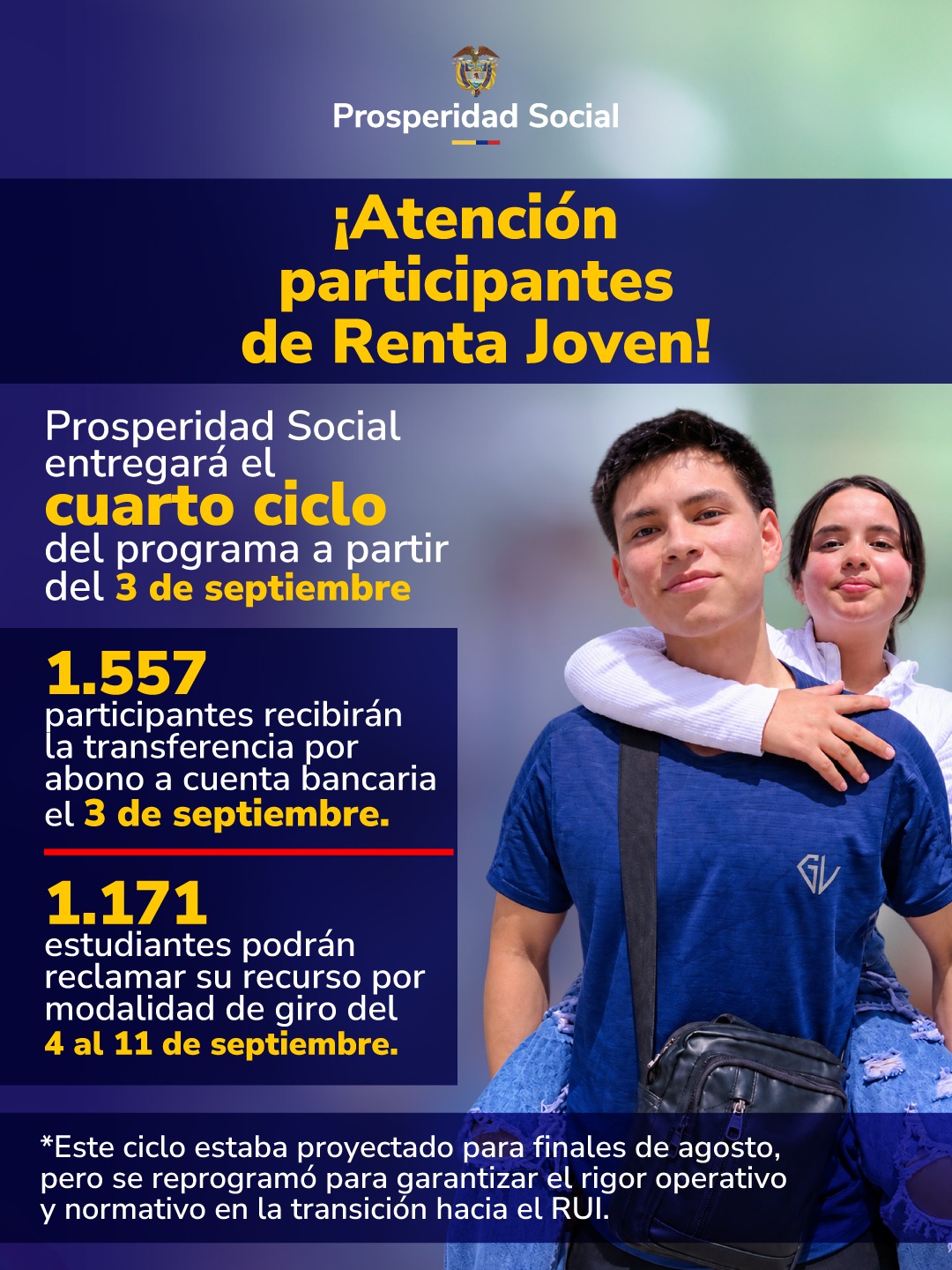 Prosperidad Social entregará el cuarto ciclo de Renta Joven el 3 de septiembre
